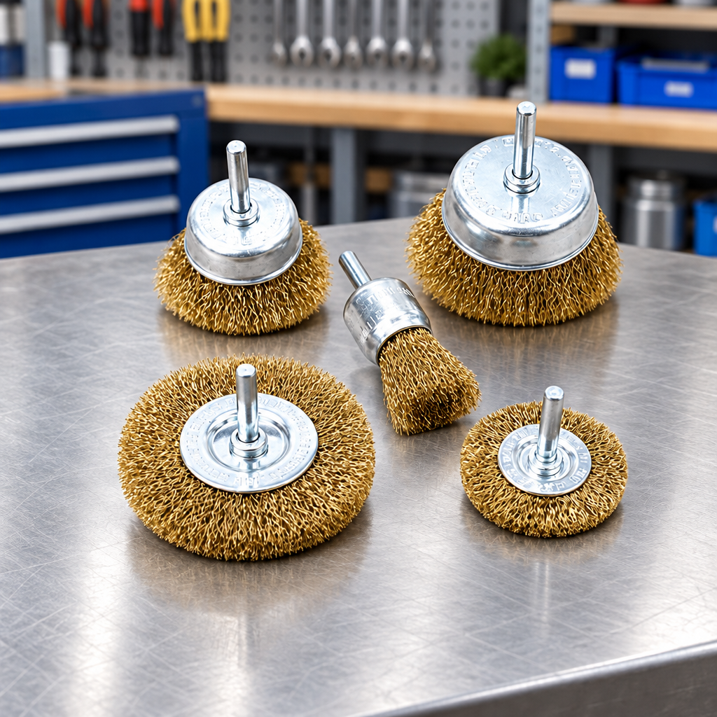 Wire-brush attachment set on a workbench