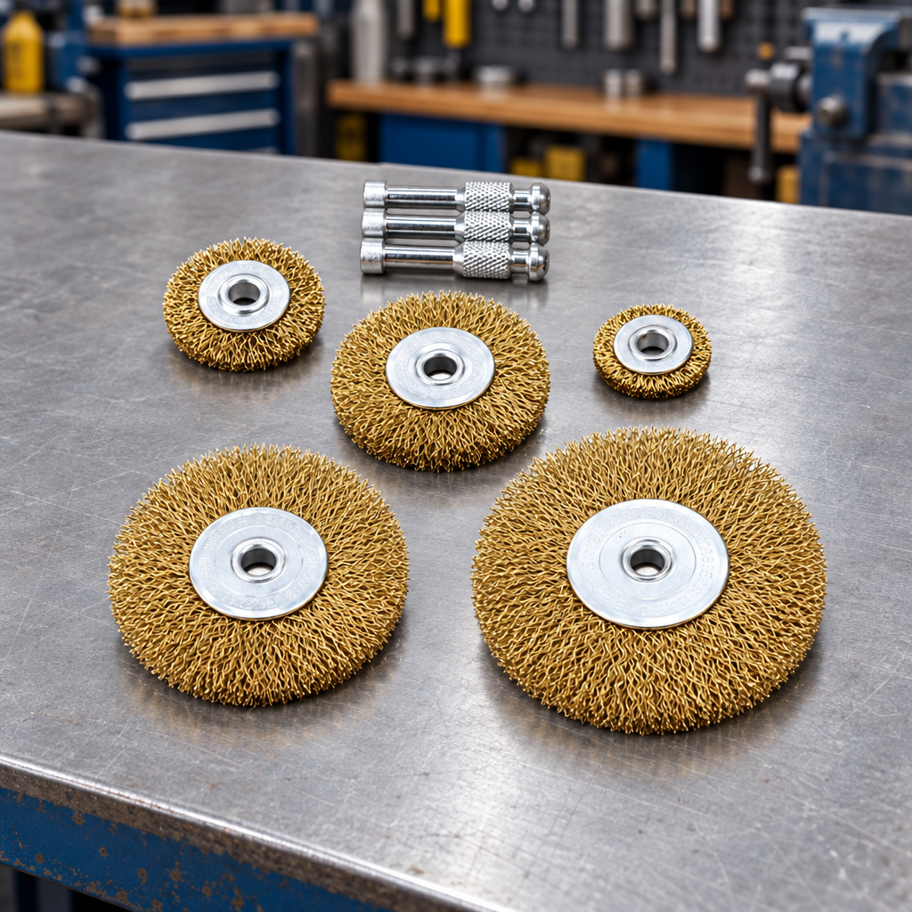 Wire-brush wheel set on a workbench