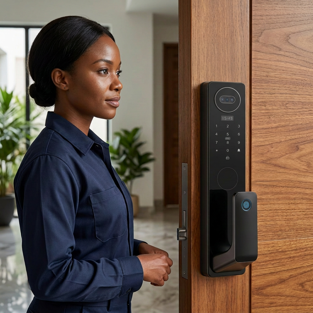 Woman beside the mounted C13-6085 smart lock