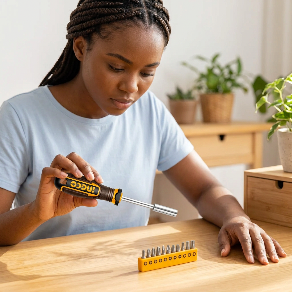 Woman choosing a bit for the Ingco bit-holder screwdriver before home repairs
