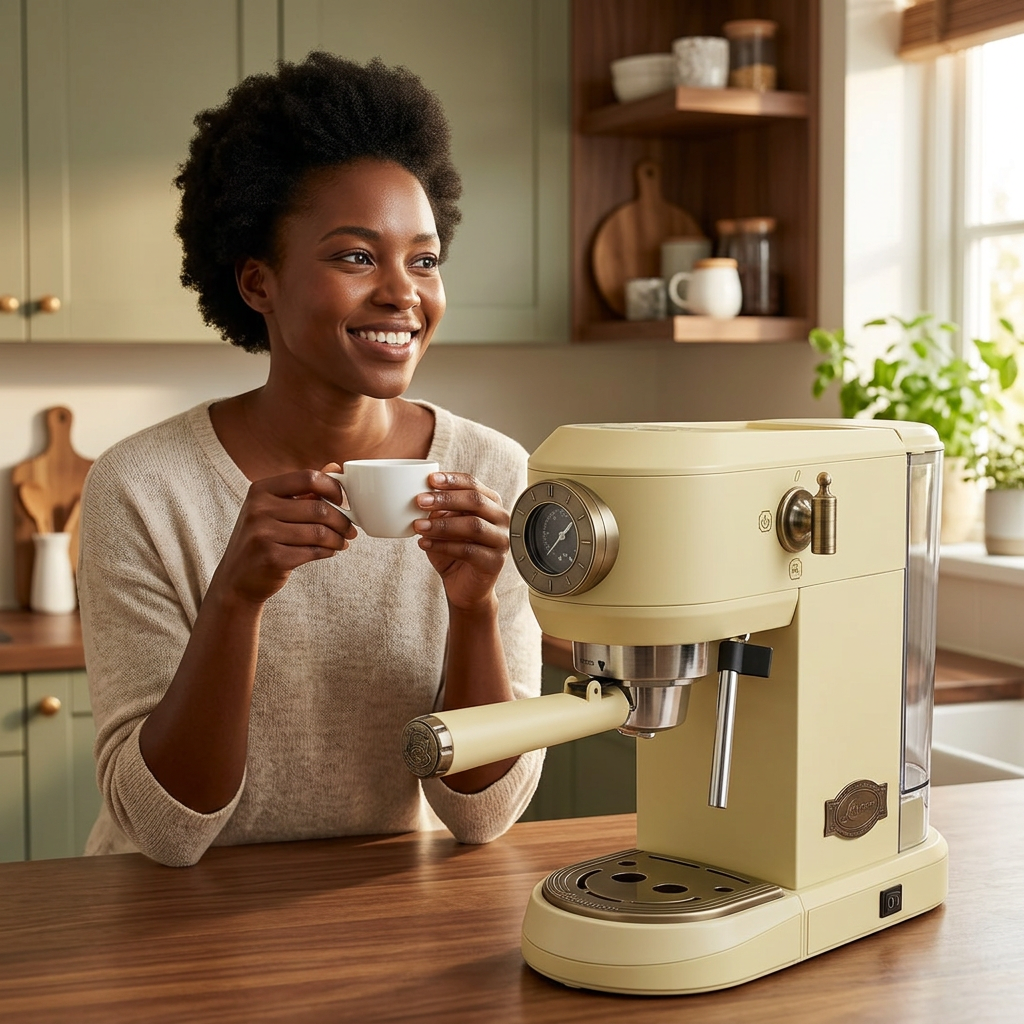 Woman enjoying coffee beside the ivory Kaiser espresso machine