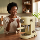 Woman enjoying coffee beside the ivory Kaiser espresso machine