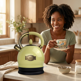 Woman enjoying tea beside the ivory Kaiser kettle