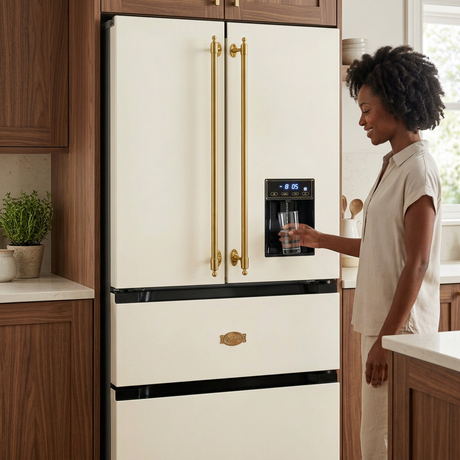 Woman filling a glass from the black water dispenser on the ivory Kaiser Empire refrigerator
