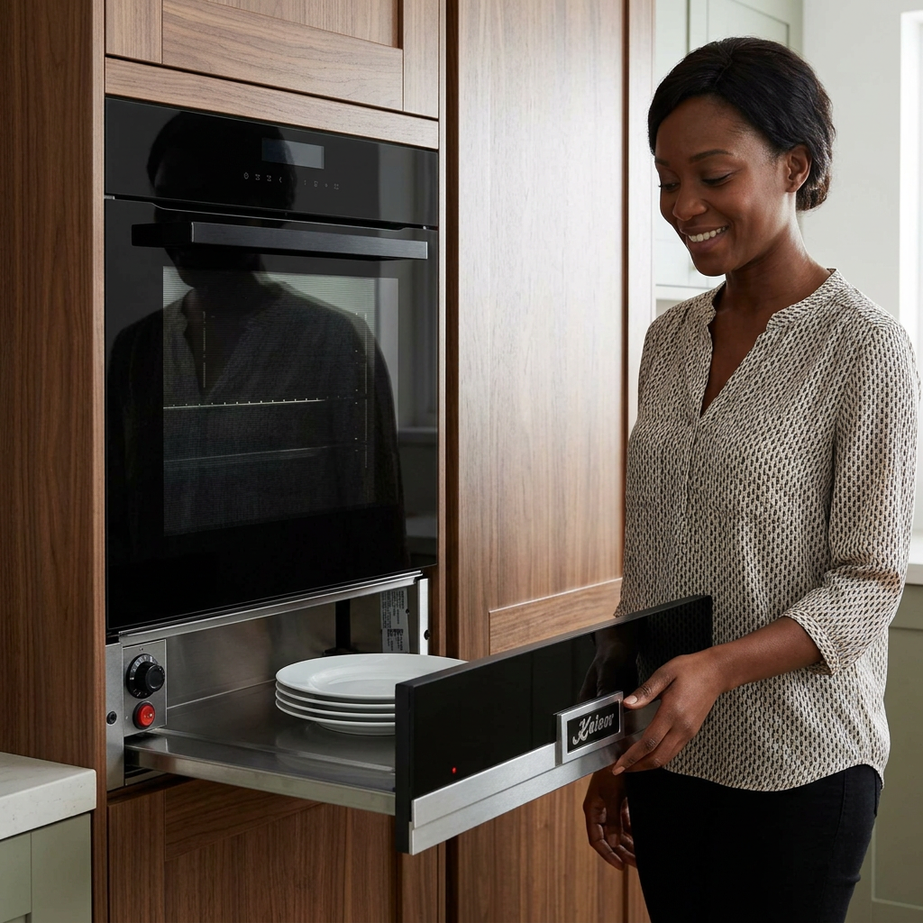 Woman opening the Kaiser La Perle dish warming drawer