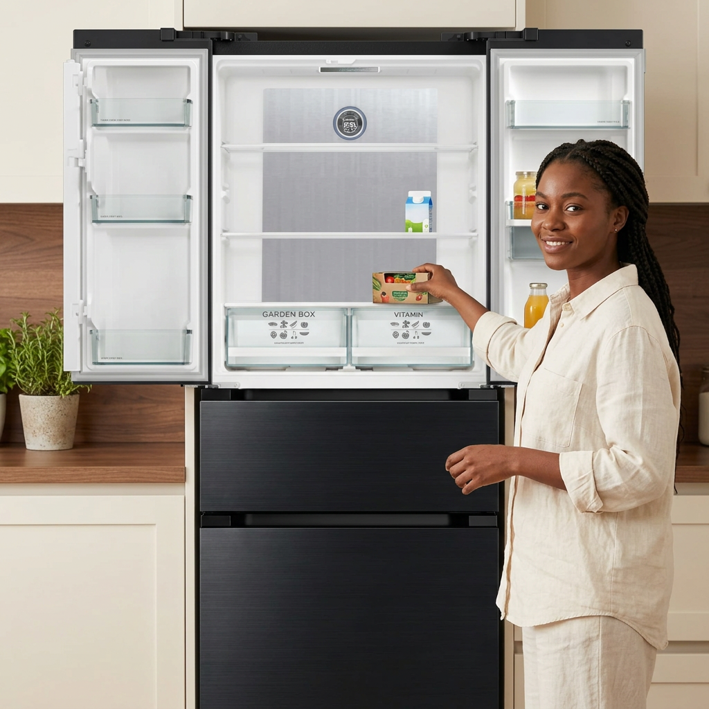 Woman placing groceries into the open Kaiser French door refrigerator, based on your open-fridge reference