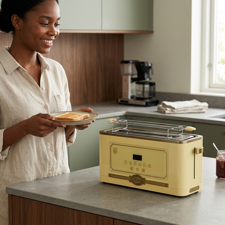 Woman serving toast beside the ivory Kaiser toaster