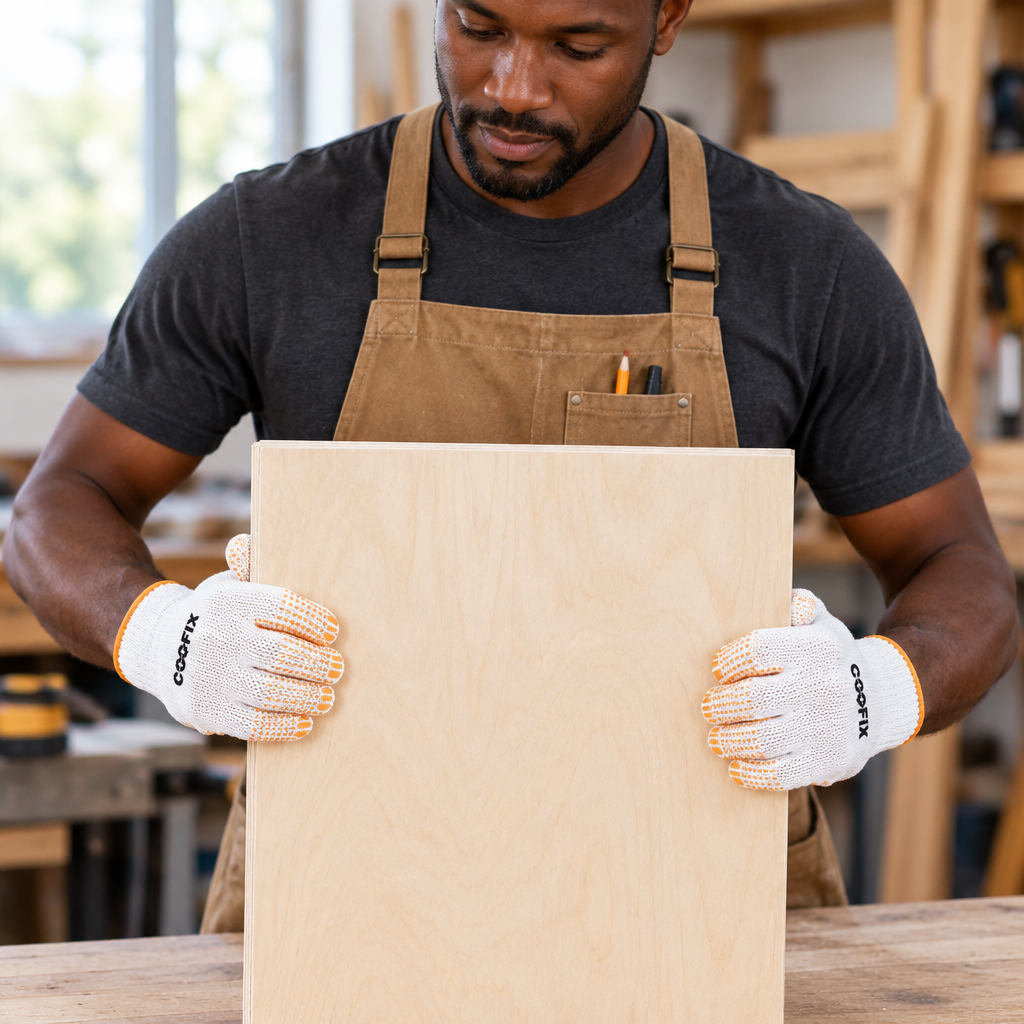Woodworker carrying a plywood panel in Coofix PVC-dotted gloves
