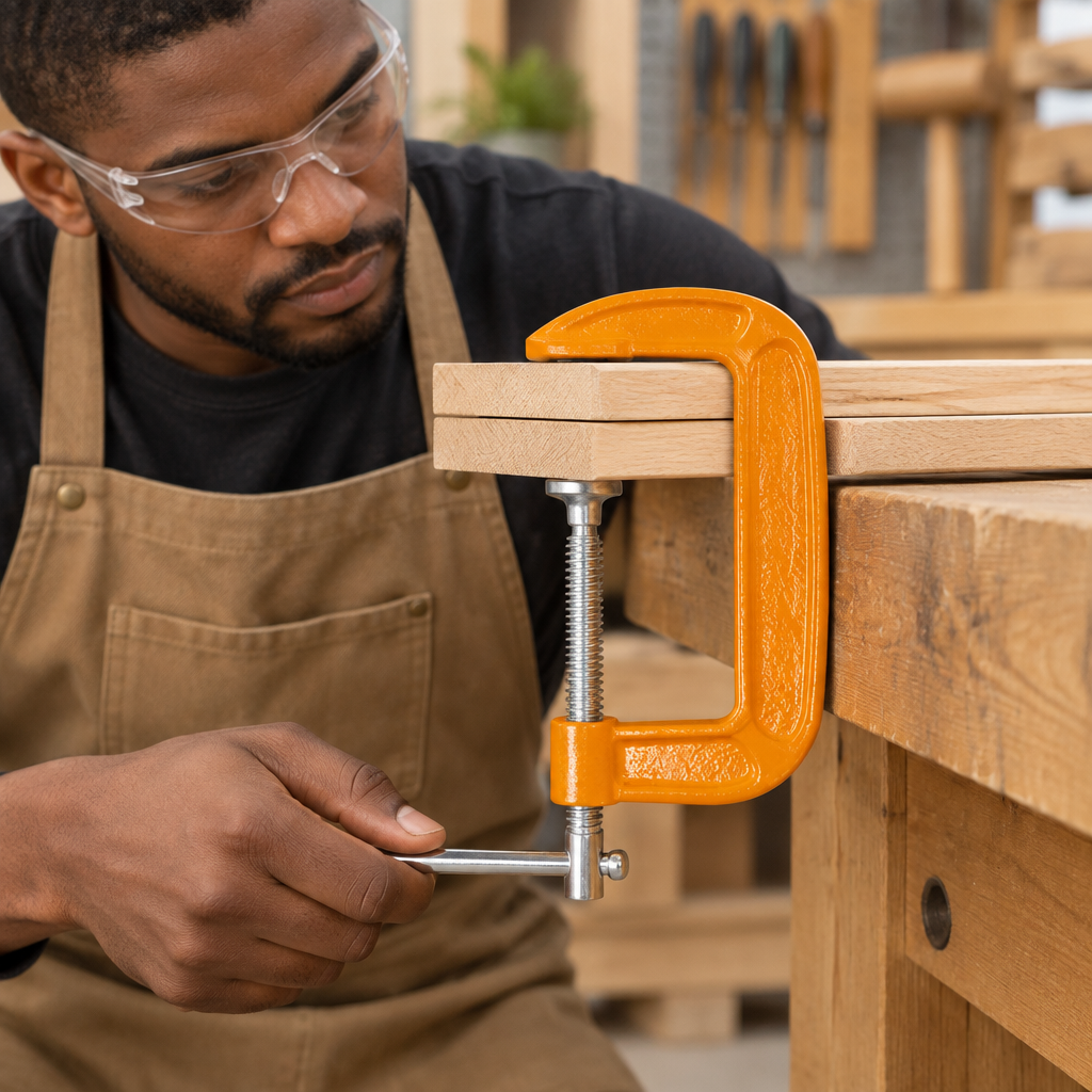 Woodworker using the Coofix G clamp