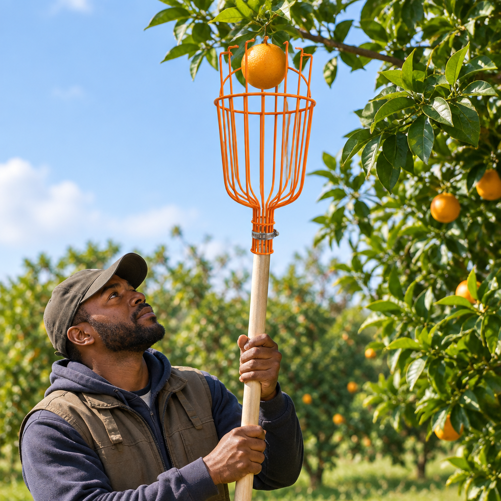 Worker using the Coofix fruit picker head on a separate pole