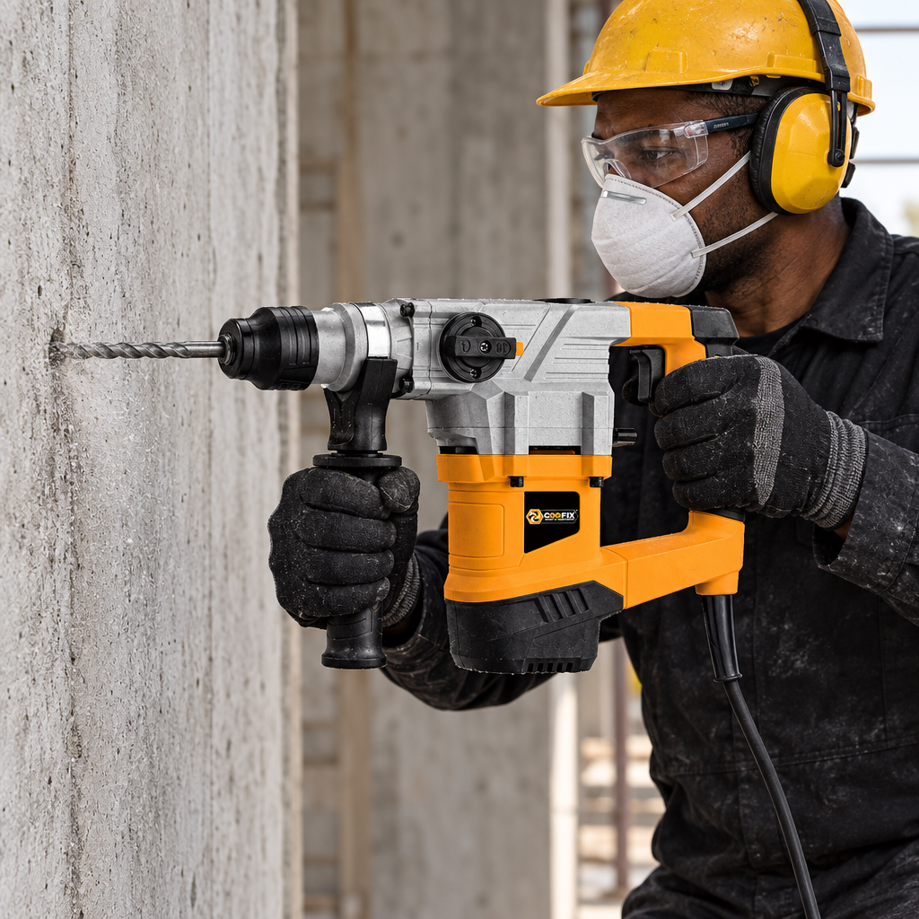 Worker using the Coofix rotary hammer on concrete