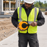 Worker winding the Coofix fiberglass measuring tape reel
