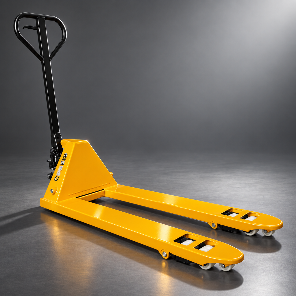 Yellow manual pallet jack on a cinematic grey background