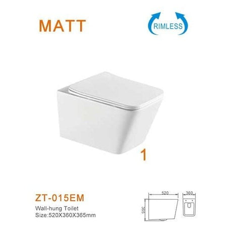 Zotto Toilet & Urinal Zotto P-Trap Rimless Wall-hung Washdown Toilet Water Closet 520x360x365mm - ZT-015EM1