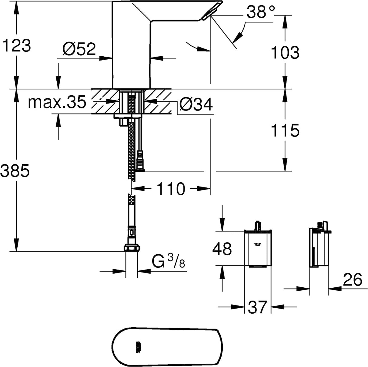 Grohe Bathroom Faucet Grohe Bau Cosmopolitan E Infra-Red Electronic Basin Mixer 1/2″ with Mixing Device and Temperature Limiter