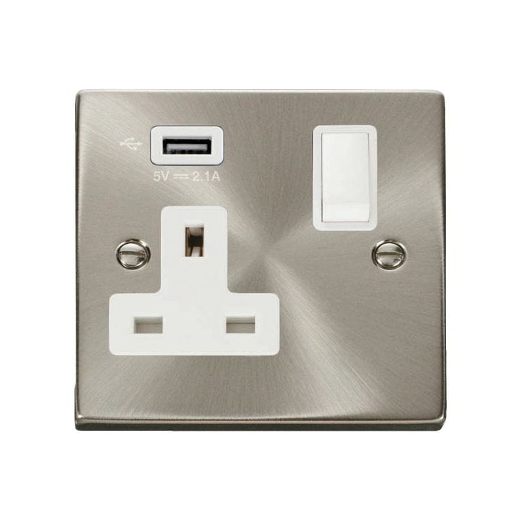 Click Deco 13A Satin Chrome Single Socket with USB White Insert | Supply Master | Accra, Ghana Switches & Sockets Buy Tools hardware Building materials