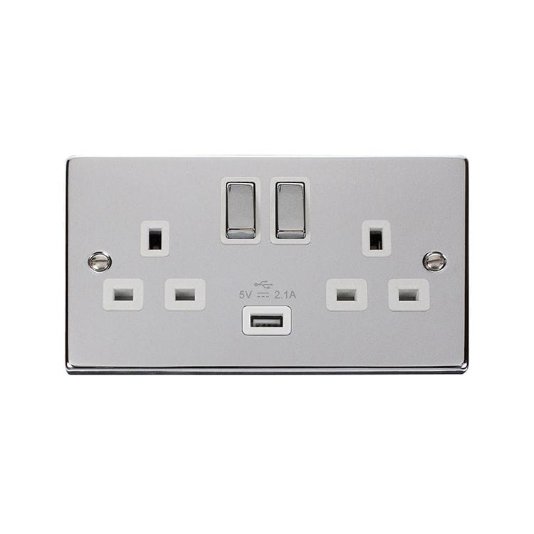 Click Deco Ingot Polished Chrome 13A Double Socket With USB, White Insert | Supply Master | Accra, Ghana Switches & Sockets Buy Tools hardware Building materials