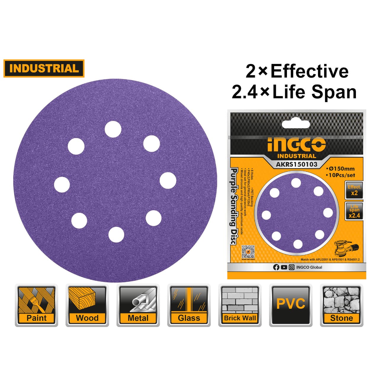 Ingco 10 Pieces Purple Sanding Disc Set 150mm - AKRS150103, Supply Master