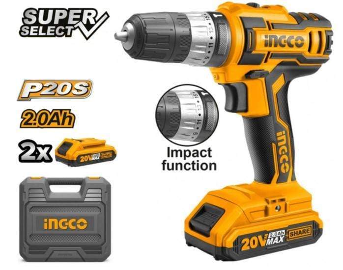 Ingco Lithium-Ion Cordless Hammer Impact Drill with Two 20V Batteries - CIDLI200215 | Supply Master | Accra, Ghana Tools Building Steel Engineering Hardware tool