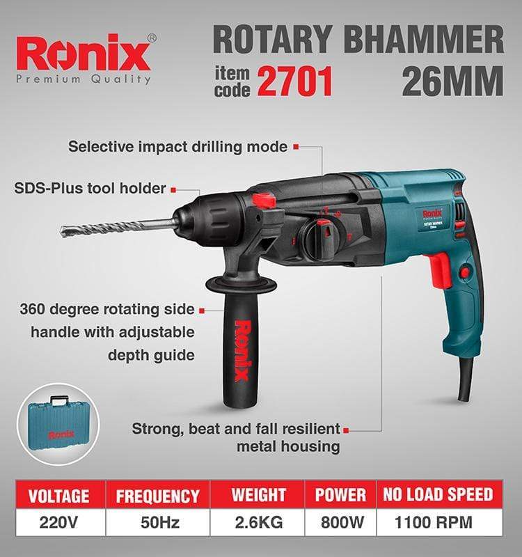 Ronix Corded Rotary Hammer 26mm 800W SDS-Plus Bit - 2701 | Supply Master | Accra, Ghana Tools Building Steel Engineering Hardware tool